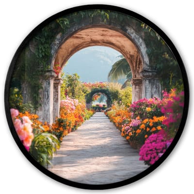 Poster in lijst Rond - Fotolijst 40x40 cm - Posters - Doorkijk - Bloemen - Tropisch - Kleurrijk - Ronde posterlijst zwart - Decoratie - Wanddecoratie woonkamer - Muurdecoratie slaapkamer