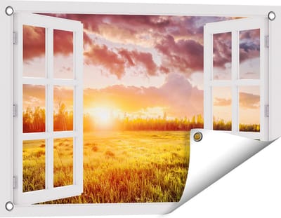 Gards Tuinposter Doorkijk Zonsopkomst in het Veld - 60x40 cm - Tuindoek - Tuindecoratie - Wanddecoratie buiten - Tuinschilderij