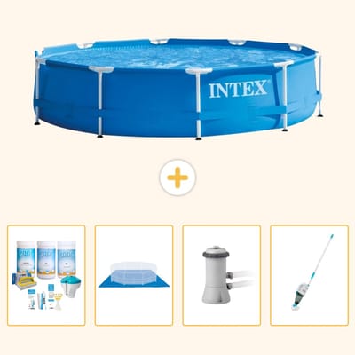 Intex Rond Frame Zwembad - 366 x 76 cm - Blauw - Inclusief Onderhoudspakket - Grondzeil - Zwembadfilterpomp - Stofzuiger - 5-delig