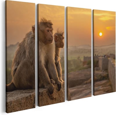 Artaza Canvas Schilderij Vierluik Twee Apen Bekijken De Zonsondergang - 80x60 - Foto Op Canvas - Canvas Print