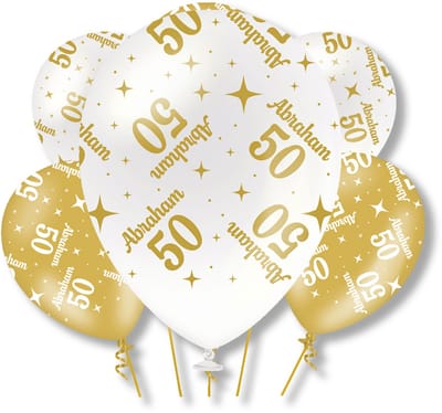 BTH – Abraham Latex Ballonnen – 6 stuks – Wit-Goud – Verjaardag Versiering – 50 Jaar Decoratie – Helium – 30cm