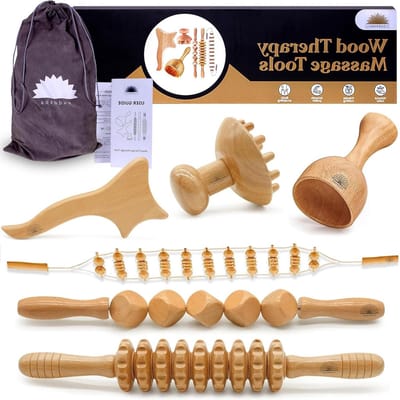Houttherapie Tools - Lichaamsvorming Kit - Cellulitis Verminderen - 100% Natuurlijk Hout - 6 Delig - Houtkleur