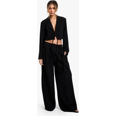 boohoo Dames Op maat gemaakte geweven broek met ceintuur en wijde pijpen | Zwart | Maat: Small