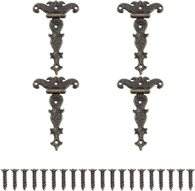 Retro Bronzen Scharnieren Set van 4, T-Vormige Zinklegering Scharnieren voor Kast, Lade en Boekenkast