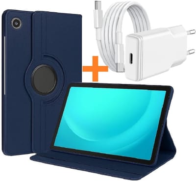 Hoes Geschikt voor Samsung Tab A11 Plus / A9 Plus tablethoes – 360° draaibaar Donker Blauw met USB C Adapter - USB C oplader- Slim Snellader 20W Met USB C Kabel 1m - Ntech COMBI-SET