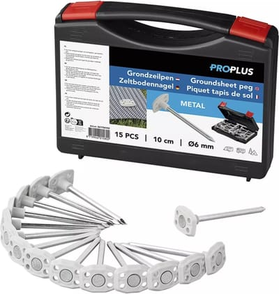 Proplus Grondzeilpen - 15x stuks - metaal - voor grondzeilen/tenttapijten/tentharing - 10 cm - in opbergkoffer