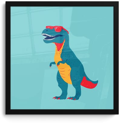 Poster in lijst - Fotolijst 40x40 cm - Posters - Dinosaurus - Blauw - Zonnebril - Posterlijst zwart - Decoratie - Wanddecoratie woonkamer - Muurdecoratie slaapkamer