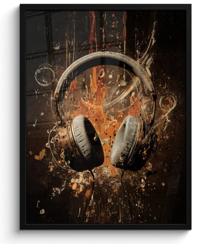 Poster in lijst - Fotolijst 60x80 cm - Posters - Koptelefoon - Bruin - Dynamische penseelstreken - Posterlijst zwart - Decoratie - Wanddecoratie woonkamer - Muurdecoratie slaapkamer