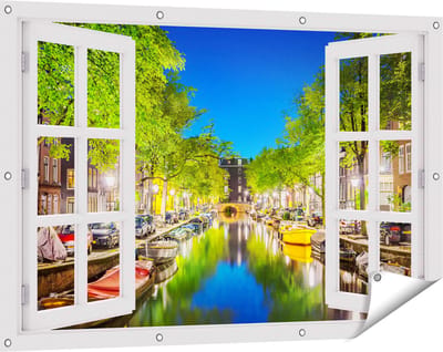 Gards Tuinposter Doorkijk Amsterdamse Gracht in de Nacht - 120x80 cm - Tuindoek - Tuindecoratie - Wanddecoratie buiten - Tuinschilderij