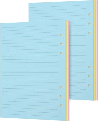 Set van 2 A5 Gelijnd Navullingspapier, Gekleurde Bladen voor 6-Rings Ringband Notitieboek, Perforeerbare Navullingen voor Creatief Schrijven en Organiseren