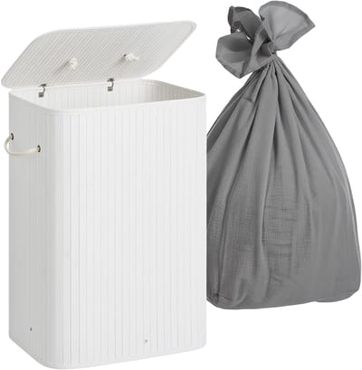 Wasmand 2 vakken - 105 l - bamboe - opvouwbaar - wit