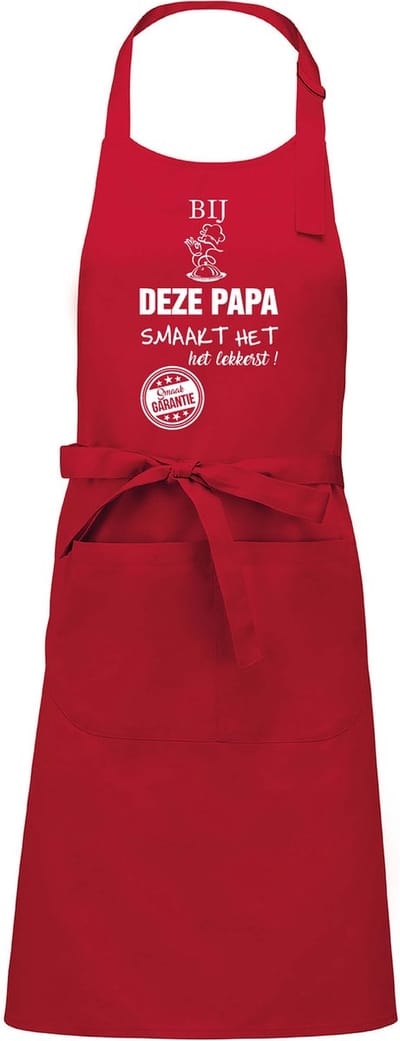 Cadeauschort - tekstschort - Keukenschort - BBQ schort - verjaardag - vaderdag - het smaakt het lekkerst bij deze Papa - rood