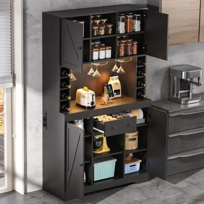 Pugsdrly Keukenkast, hoge kast, wijnkast met verstelbare legplanken, lade, roestvrijstalen wijnglashouder, wijnflesvakken, kleurveranderende LED-verlichting en stopcontacten, 180 × 105 × 40 cm