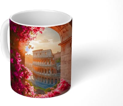 Mok - Koffiemok - Colosseum - Rome - Roze Bloemen - Mokken - 350 ML - Beker - Koffiemokken - Theemok
