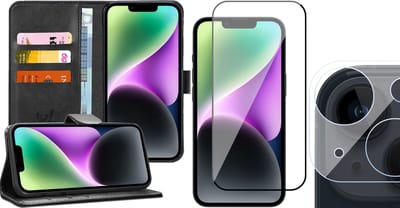 Hoesje geschikt voor iPhone 14 - Book Case Kunstleer Wallet Cover Portemonnee Pasjeshouder Hoes Zwart - Full Tempered Glass Screenprotector - Camera Lens Protector