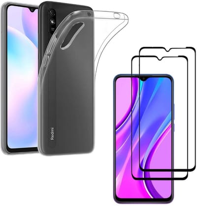 Hoesje Ultraslank geschikt voor Xiaomi Redmi 9a backcover siliconen Transparant en 2 stuks ScreenProtector Gehard Glas met zwarte randen