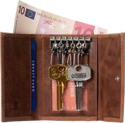 LeonDesign - Sleuteletui - Sleuteletui heren - Sleutelmapje - Sleuteletui dames - Sleutel organizer - Sleutelhouder - Sleutel portemonnee - Sleuteltasje - Sleuteletui met rits - Key organizer - Ritsvakje - Muntgeld - Sleutelhoes - Leer - Cognacbruin