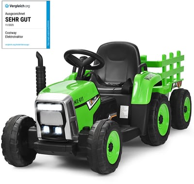 COSTWAY 12 V 3 versnellingen tractor met afneembare hanger en 2,4 G afstandsbediening, kinderzittractor met ledverlichting, muziek, claxon en USB-functies, geschikt voor kinderen vanaf 3 jaar (groen)
