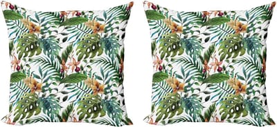 ABAKUHAUS Decoratieve kussenhoes met bladmotief, 2 stuks, palmboom, bloem hibiscus, 40x40 cm, licht karamel bordeauxrood