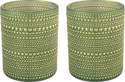 Countryfield Luxe theelichthouder - 2x stuks - Aurora - glas - olijfgroen/goud - D7 x H8 cm