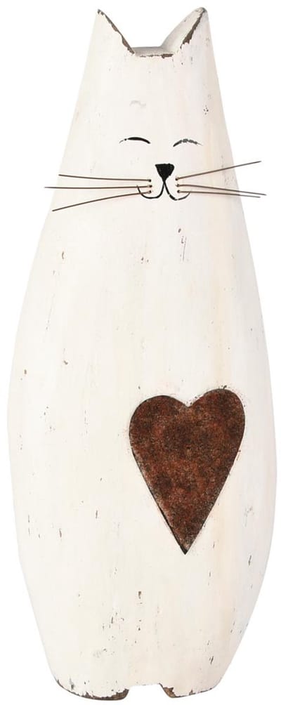 Dekoratief | Deco poes m/hartje, wit/naturel, hout, 12x6x30cm | A255552