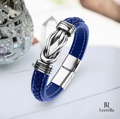 Leerella Armband Leer met RVS Infinity Knoop Blauw 19 cm – Sterke Magnetische Sluiting – 5 Kleuren – Unisex & Premium Kwaliteit