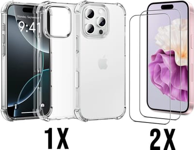 Casemania Hoesje Geschikt voor Apple iPhone 16 Pro Max - Transparant - Anti Shock Back Cover / 2x Glazen Screenprotector
