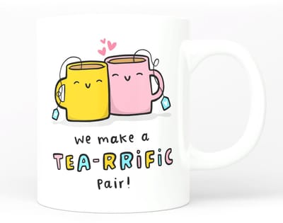 Creasowl® We Make a Tea-rrific Pair Mok 325 ml – Grappige Koffie & Theemok met Tekst – Witte Keramische Mok – Origineel Valentijn Cadeau