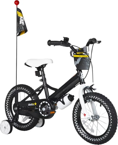 Kinderfiets – Voor jongens en meisjes – Met mand, bel, extra wielen en poppenzitje, leuk verjaardagscadeau – Zwart, 30 cm