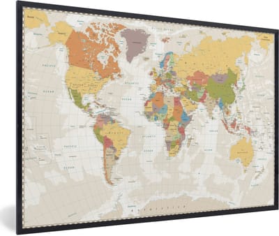Poster in lijst - Fotolijst 120x80 cm - Posters - Wereldkaart - Retro - Kleuren - Educatief - Staatkundig - Posterlijst zwart - Decoratie - Wanddecoratie woonkamer - Muurdecoratie slaapkamer