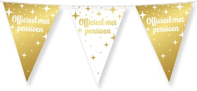 10 meter vlaggenlijn Wit/Goud folie - Officieel met pensioen - 12 vlaggen - 30 cm - Dubbelzijdig gedrukt - Glimmende folie