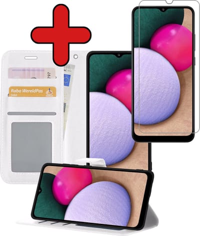 Hoesje - Met Screenprotector - Geschikt voor Samsung Galaxy A02s - Luxe Pasjeshouder - Flipcase - Bookcase Portemonee - Flip Case - Kunstleer Book Case - Book Cover - Walletcase - Portemonneehoes - Telefoonhoes - Wit