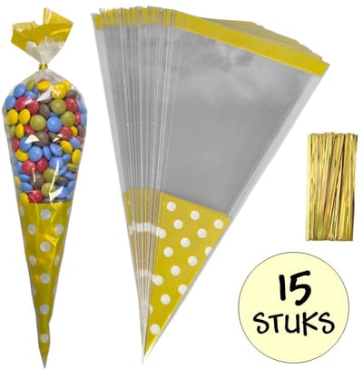 15x Cellofaan Puntzakken Gouden Stippen 37x18cm - Uitdeelzak - Traktatie Zak - Snoepzak - Inclusief Sluitstrips - 18x37cm - Goud - 15 Stuks