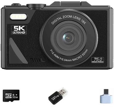 5K Digitale Camera - 75MP, WiFi, Draaibaar Scherm, met 64GB Kaart, Type-C Adapter & USB Reader