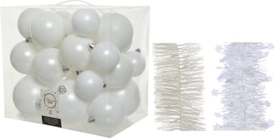 Kerstversiering kunststof kerstballen 6-8-10 cm met folieslingers pakket winter wit van 28x stuks - Kerstboomversiering