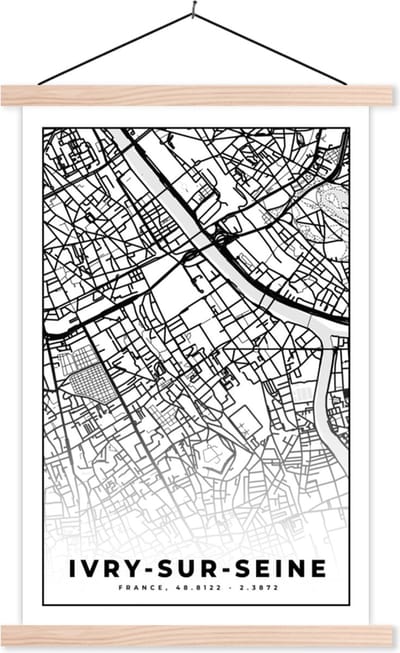 Posterhanger incl. Poster 40x60 cm - Schoolplaat - Kaart - Ivry-sur-Seine - Stadskaart - Frankrijk - Plattegrond - Zwart wit - Textielposter - Blanke latten - Stadskaart