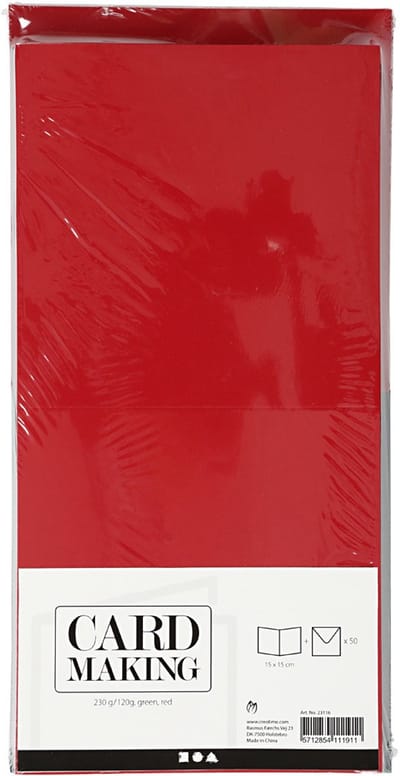 Kaarten en enveloppen, afmeting kaart 15x15 cm groen, rood, 50 set