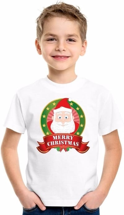 Kerst t-shirt voor kinderen met Kerstman print - wit - jongens en meisjes shirt 110/116