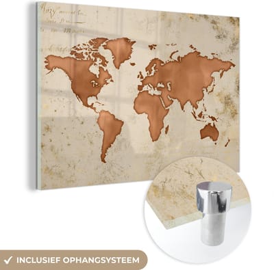 ® Glasschilderij 150x100 cm - Schilderij acrylglas - Wereldkaart - Papyrus - Koper - Foto op glas - Muurdecoratie woonkamer - Wanddecoratie slaapkamer - Schilderijen