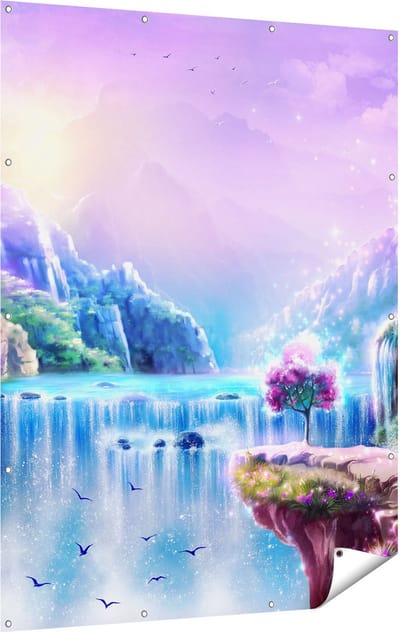 Gards Tuinposter Kleurrijke Sprookjes Waterval - Abstract - 120x160 cm - Tuindoek - Tuindecoratie - Wanddecoratie buiten - Tuinschilderij