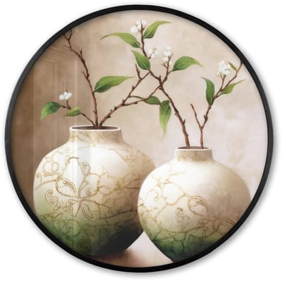 Poster in lijst Rond - Fotolijst 60x60 cm - Posters - Bloemen - Vaas - Wit - Botanisch - Beige - Ronde posterlijst zwart - Decoratie - Wanddecoratie woonkamer - Muurdecoratie slaapkamer