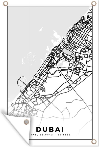 Muurdecoratie Dubai - Kaart - Stadskaart - Plattegrond - Zwart Wit - 120x180 cm - Tuinposter - Tuindoek