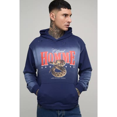 Tall Oversized Boxy Homme Western Spray Wash Distressed Hoodie | Navy | Size Small