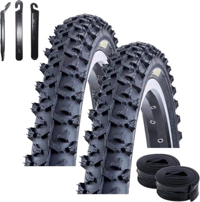 2x Mountainbike Banden Zwart 20 Inch (50-406) + Binnenbanden en Bandenlichter Set
