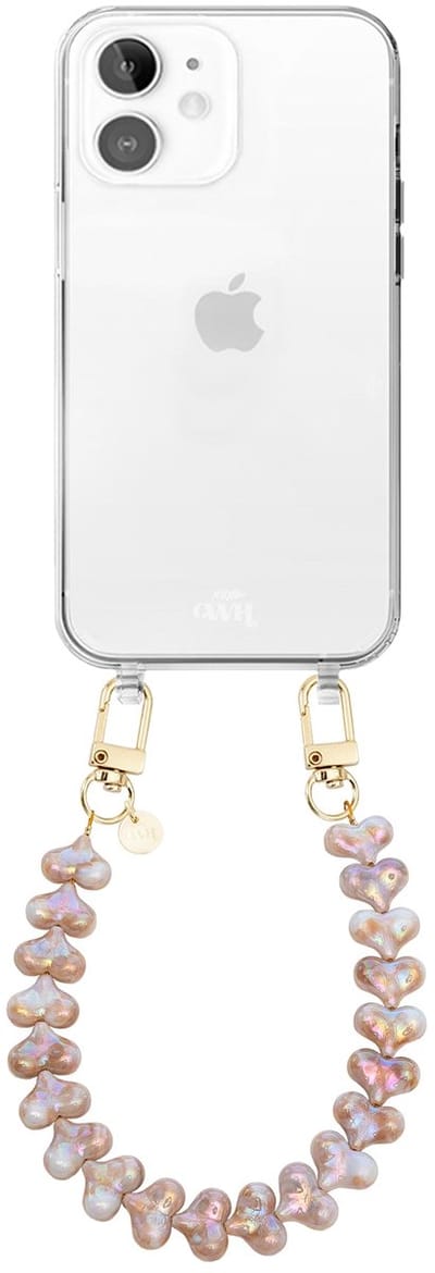 xoxo Wildhearts siliconen hoesje - Geschikt voor iPhone 12 hoesje - Funky Hearts (Champagne Pearl) - Telefoonhoesje - Hoesje met koord - Champagne / Beige koord - kort telefoonkoord - Hartjes ketting - Transparant hoesje