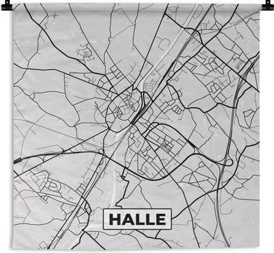 Wandkleed - Wanddoek - Zwart Wit – België – Plattegrond – Stadskaart – Kaart – Halle - 180x180 cm - Wandtapijt