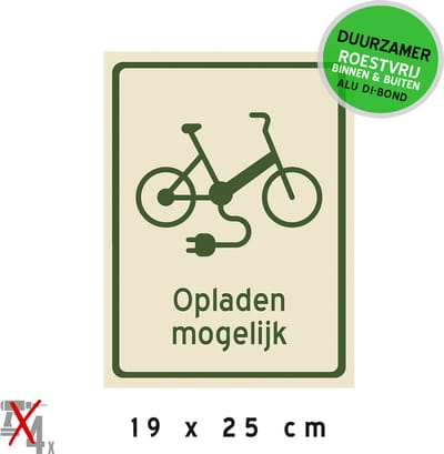 Pictogram/ bord Dibond | Laadpunten fietsen - "Opladen mogelijk" | 19 x 25 cm | Fietsers | Laadplek | Fiets opladen | Oplaadstation | Recreatie | Toerisme | Horeca | Retail | Duurzaam | 1 stuk
