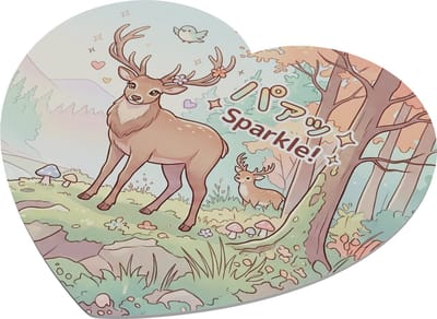 Muismat Hartvormig Kawaii Hertje Bos Dieren – Sparkle Japanse Onomatopee – Herfst Kleuren Natuur – Schattig Cadeau voor haar: Vriendin & Collega – Gaming Bureau Accessoire – Hart Vorm Muismat Meisjes – Japanse Cultuur – Hert Illustratie