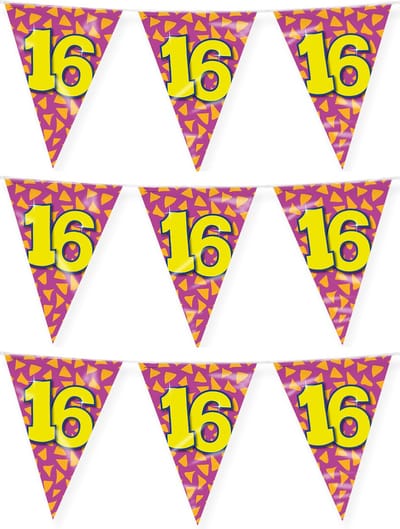Paperdreams verjaardag 16 jaar thema vlaggetjes - 3x - feestversiering - 10m - folie - dubbelzijdig