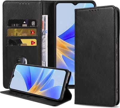Smartphonica Telefoonhoesje geschikt voor Oppo A17 kunstleren Hoesje met Magnetische sluiting en Pasjeshouders Book Case met Klepje - Zwart geschikt voor Oppo A17